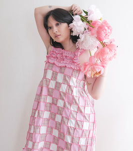 Meg Beck, Kathleen Los Angeles, Kathleen, Independent boutique, independent fashion, independent designer, handmade, one of a kind, upcycled, recycled fashipon, sustainable fashion, patchwork dress quilted dress, pink dress, seam dress, valentines dress,bow dress, puffy dress, puff sleeve, square neck dress, diy dress, hand sewn dress, contrast dress, checker dress, tulle dress, harlequin dress, diamond dress, poofy dress, puff dress