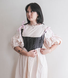 Meg Beck, Kathleen Los Angeles, Kathleen, Independent boutique, independent fashion, independent designer, handmade, one of a kind, upcycled, recycled fashion, sustainable fashion, white corset, rose corset, satin corset, striped corset, pink corset, gingham corset, black corset, corset top, bow corset, regency stays, regency corset, half stays, pink stays, laceup corset