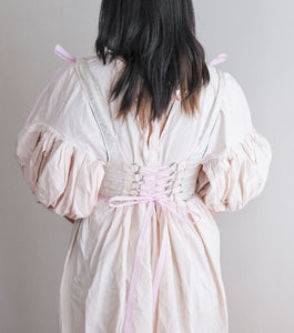 Meg Beck, Kathleen Los Angeles, Kathleen, Independent boutique, independent fashion, independent designer, handmade, one of a kind, upcycled, recycled fashion, sustainable fashion, white corset, rose corset, satin corset, striped corset, pink corset, gingham corset, black corset, corset top, bow corset, regency stays, regency corset, half stays, pink stays, laceup corset
