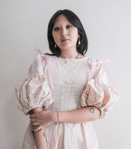 Meg Beck, Kathleen Los Angeles, Kathleen, Independent boutique, independent fashion, independent designer, handmade, one of a kind, upcycled, recycled fashion, sustainable fashion, white corset, rose corset, satin corset, striped corset, pink corset, gingham corset, black corset, corset top, bow corset, regency stays, regency corset, half stays, pink stays, laceup corset
