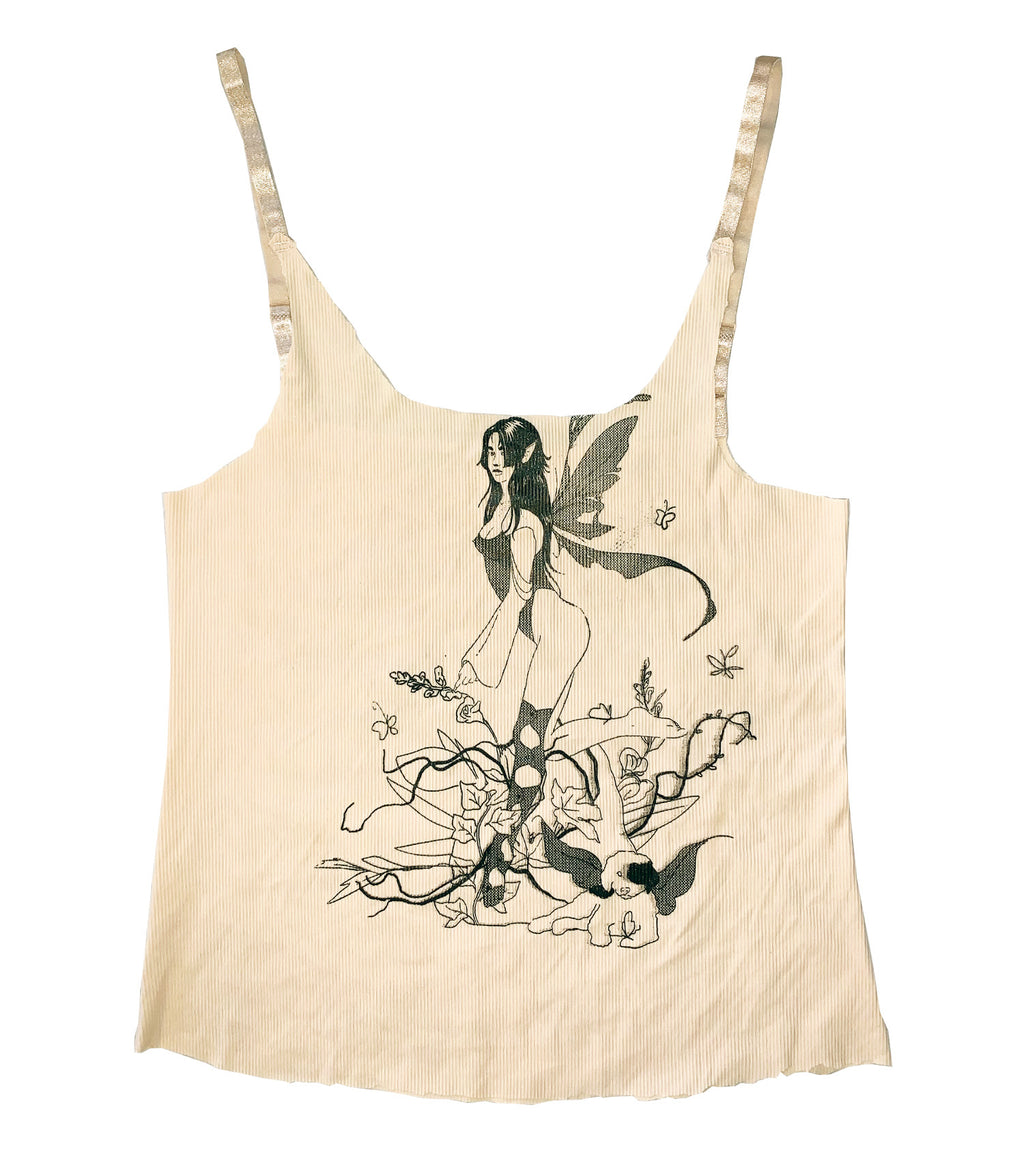 Gabrielle Rosenstein, Elf, Fairy, Dog, Flowers, Screen printed, Vintage, Made in Los Angeles, Second Hand, Sustainable, Kathleen, Kathleen Los Angeles, Independent Boutique, Independent Artist, Los Angeles Boutique, Independent Designer, Los Angeles Artist, nude tank top, raw edge tank top, fairy tank top, elf tank top