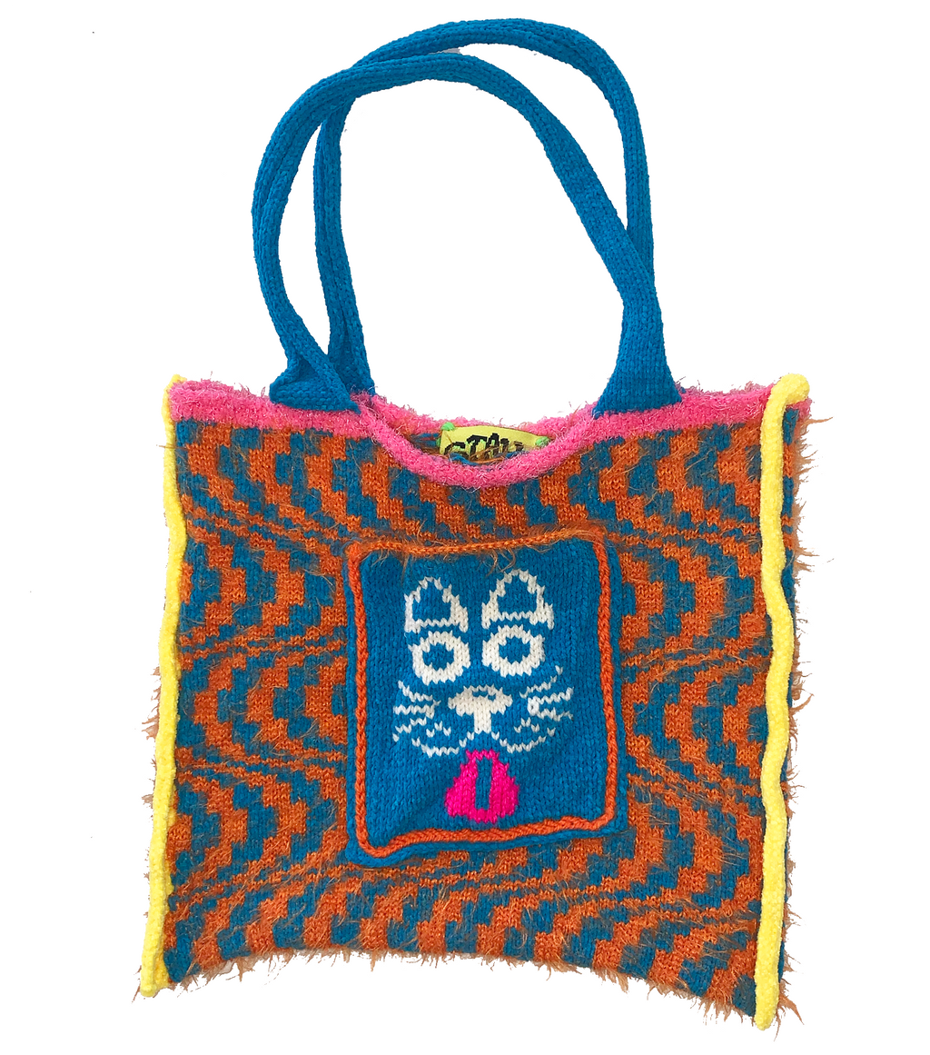 Kathleen, kathleen los angeles, independent fashion, independent artist, independent designer, los angeles fashion, small business, handmade, handknit, knit machine, puppy tote, dog tote, fuzzy tote, crochet, embroidery, psychedelic print, square tote, stretch tote, animal tote, jessica stahl, stahl knit, one of a kind, one of a kind knit tote, orange tote, blue tote, pink tote