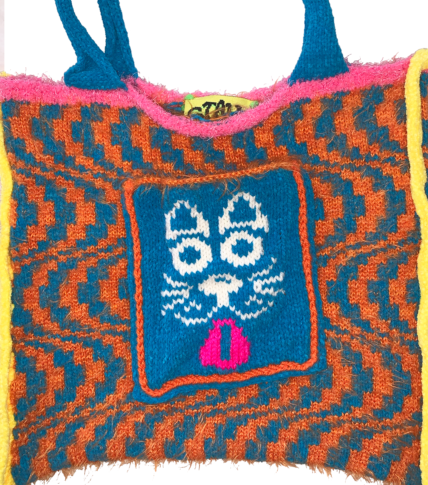 Kathleen, kathleen los angeles, independent fashion, independent artist, independent designer, los angeles fashion, small business, handmade, handknit, knit machine, puppy tote, dog tote, fuzzy tote, crochet, embroidery, psychedelic print, square tote, stretch tote, animal tote, jessica stahl, stahl knit, one of a kind, one of a kind knit tote, orange tote, blue tote, pink tote