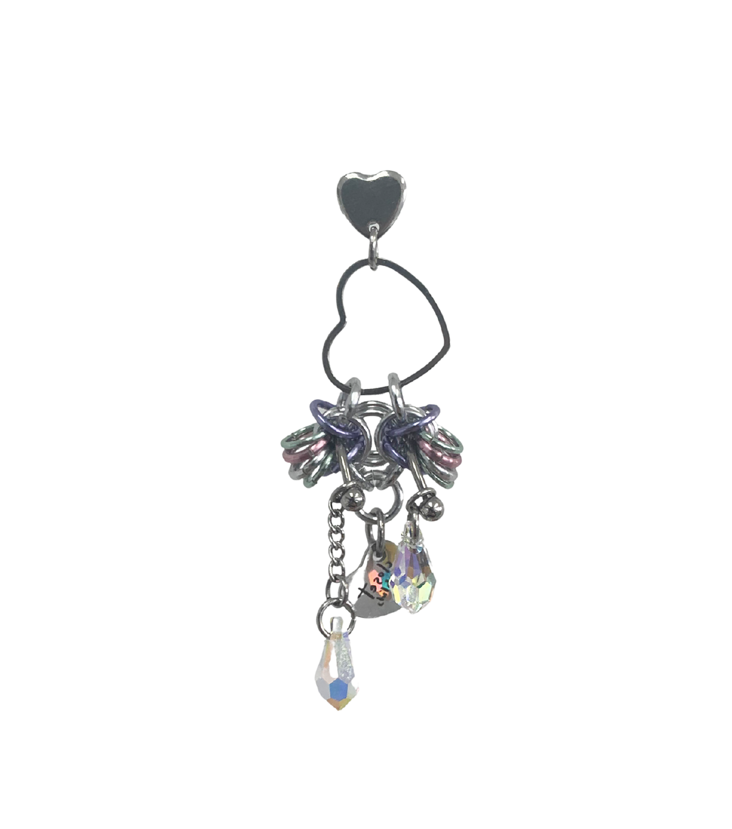 Closet children, earring, earrings, jewelry, made in Singapore, Singapore, handmade, one of a kind, stainless steel, anodized aluminum, titanium, Swarovski, crystal, gem, hoop, pink, purple, aurora lights, Los Angeles, shop Kathleen, Kathleen