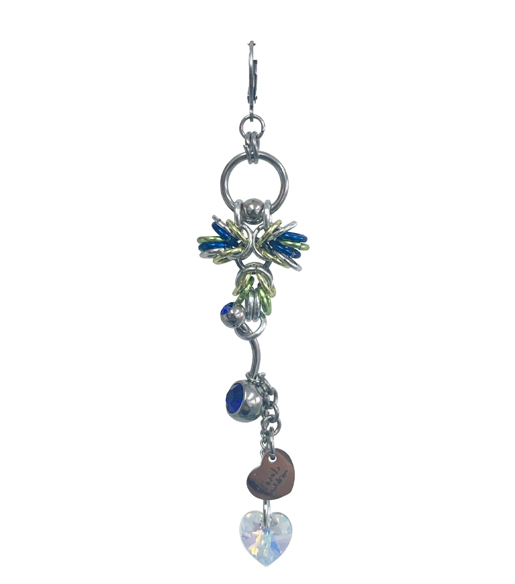 Closet children, earring, earrings, jewelry, made in Singapore, Singapore, handmade, one of a kind, stainless steel, anodized aluminum, titanium, Swarovski, crystal, gem, hoop, pink, purple, aurora lights, Los Angeles, shop Kathleen, Kathleen, pharaoh earring