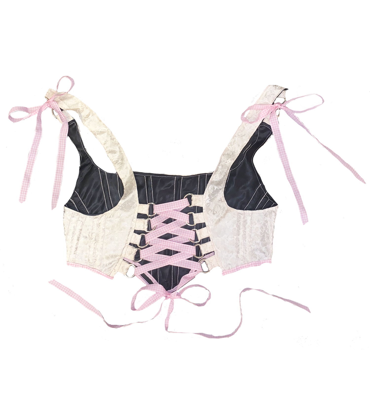 Meg Beck, Kathleen Los Angeles, Kathleen, Independent boutique, independent fashion, independent designer, handmade, one of a kind, upcycled, recycled fashion, sustainable fashion, white corset, rose corset, satin corset, striped corset, pink corset, gingham corset, black corset, corset top, bow corset, regency stays, regency corset, half stays, pink stays, laceup corset