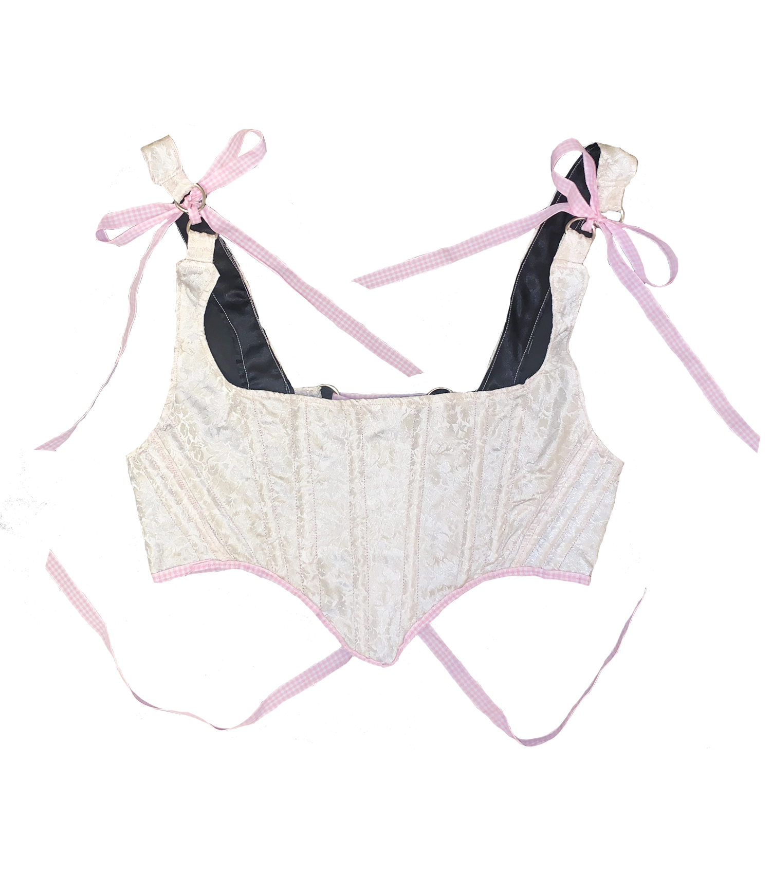 Meg Beck, Kathleen Los Angeles, Kathleen, Independent boutique, independent fashion, independent designer, handmade, one of a kind, upcycled, recycled fashion, sustainable fashion, white corset, rose corset, satin corset, striped corset, pink corset, gingham corset, black corset, corset top, bow corset, regency stays, regency corset, half stays, pink stays, laceup corset