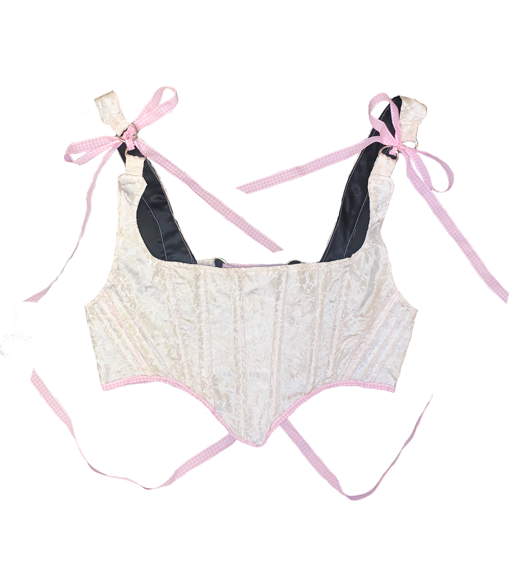 Meg Beck, Kathleen Los Angeles, Kathleen, Independent boutique, independent fashion, independent designer, handmade, one of a kind, upcycled, recycled fashion, sustainable fashion, white corset, rose corset, satin corset, striped corset, pink corset, gingham corset, black corset, corset top, bow corset, regency stays, regency corset, half stays, pink stays, laceup corset