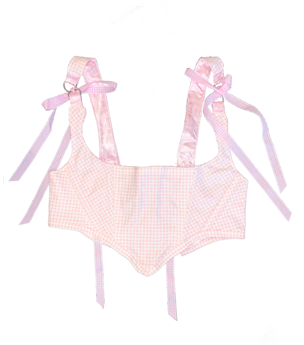Meg Beck, Kathleen Los Angeles, Kathleen, Independent boutique, independent fashion, independent designer, handmade, one of a kind, upcycled, recycled fashion, sustainable fashion, white corset, rose corset, satin corset, striped corset, pink corset, gingham corset, houndstooth, houndstooth corset, black corset, corset top, bow corset, regency stays, regency corset, half stays, pink stays, laceup corset