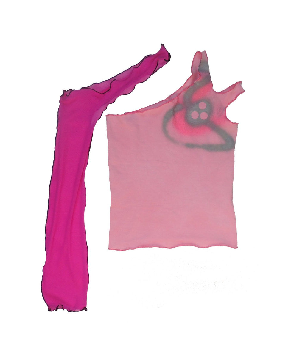 Merritt Meacham, Snap Top, Kathleen, Shop Kathleen, Los Angeles, Merritt Layover Top, Merritt Meacham, Los Angeles Boutique, Independent Artist, one arm top, armwarmer top, mesh top, hand painted top, pink top, cutout top, split arm top, choker top 