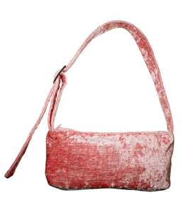 Matilda Aberg, Mini Bag, 90s Handbag, Sustainable Designer, Independent Designer, Stockholm Designer, Independent Fashion, Kathleen, Shop Kathleen, Kathleen Los Angeles, Los Angeles Boutique, Independent Boutique, Crushed Velvet Bag, Pink Handbag, Baby Pink Handbag, Mini Bag, Recycled Fabric, Upcycled
