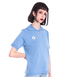 Bodega slasher, ghost face, scream, top, tops, clothing, shirt, blouse, polo, blue, blue polo, baby blue polo, polo, knitted, embroidered, glow in the dark, Mexico, made in Mexico, y2k, Kathleen, Los Angeles