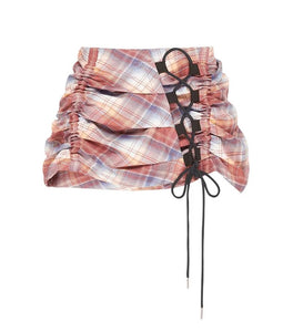 mini skirt, australian designer, independent fashion, independent designer, independent boutique, handmade, mini ruched skirt, independent fashion, handmade skirt,  asymmetrical skirt, , Karla Laidlaw, karlalaidlaw, Kathleen, Shop Kathleen, ruched skirt, plaid skirt, corset skirt, lace up skirt, check shirt