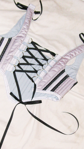 Meg Beck, Kathleen Los Angeles, Kathleen, Independent boutique, independent fashion, independent designer, handmade, one of a kind, upcycled, recycled fashion, sustainable fashion, underbust corset, corset, satin corset, half corset, houndstooth corset, corset top, bow corset, blue corset, regency stays, regency corset, half stays, 18th century corset