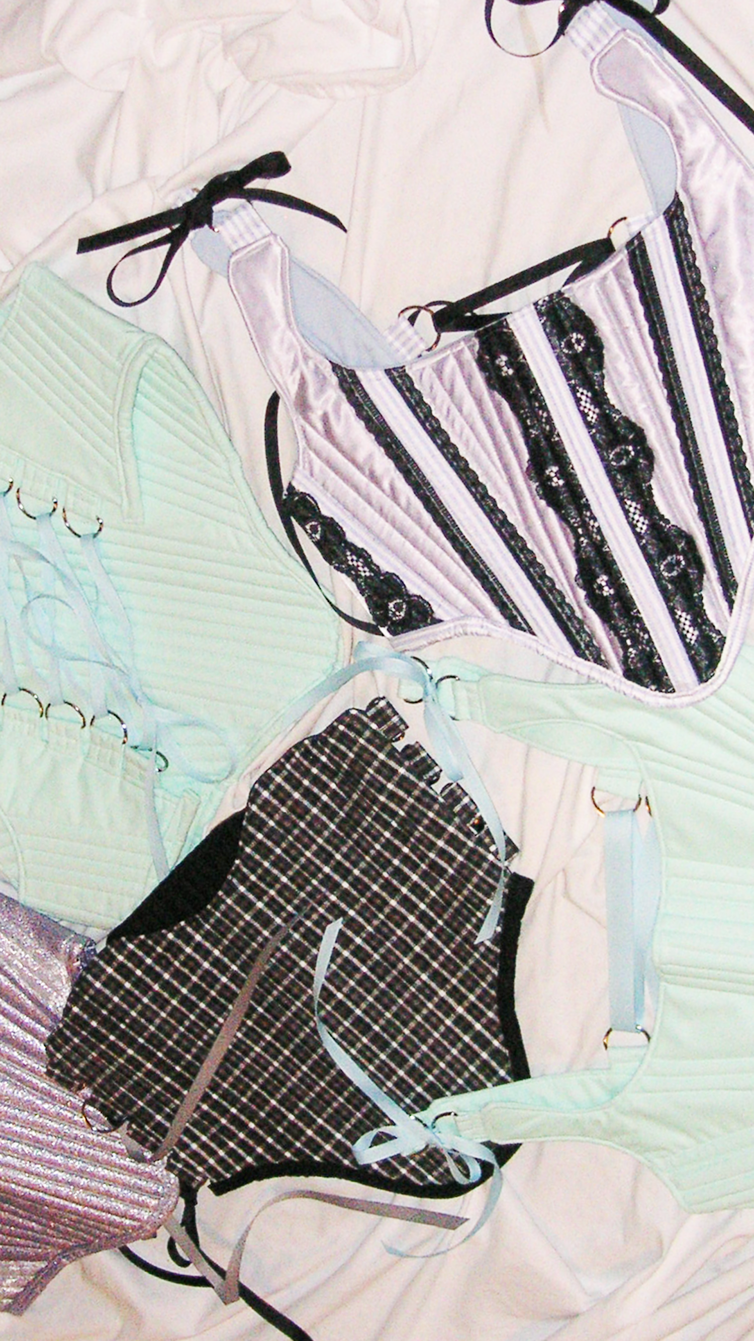 Meg Beck, Kathleen Los Angeles, Kathleen, Independent boutique, independent fashion, independent designer, handmade, one of a kind, upcycled, recycled fashion, sustainable fashion, underbust corset, corset, satin corset, half corset, houndstooth corset, corset top, bow corset, blue corset, regency stays, regency corset, half stays, 18th century corset