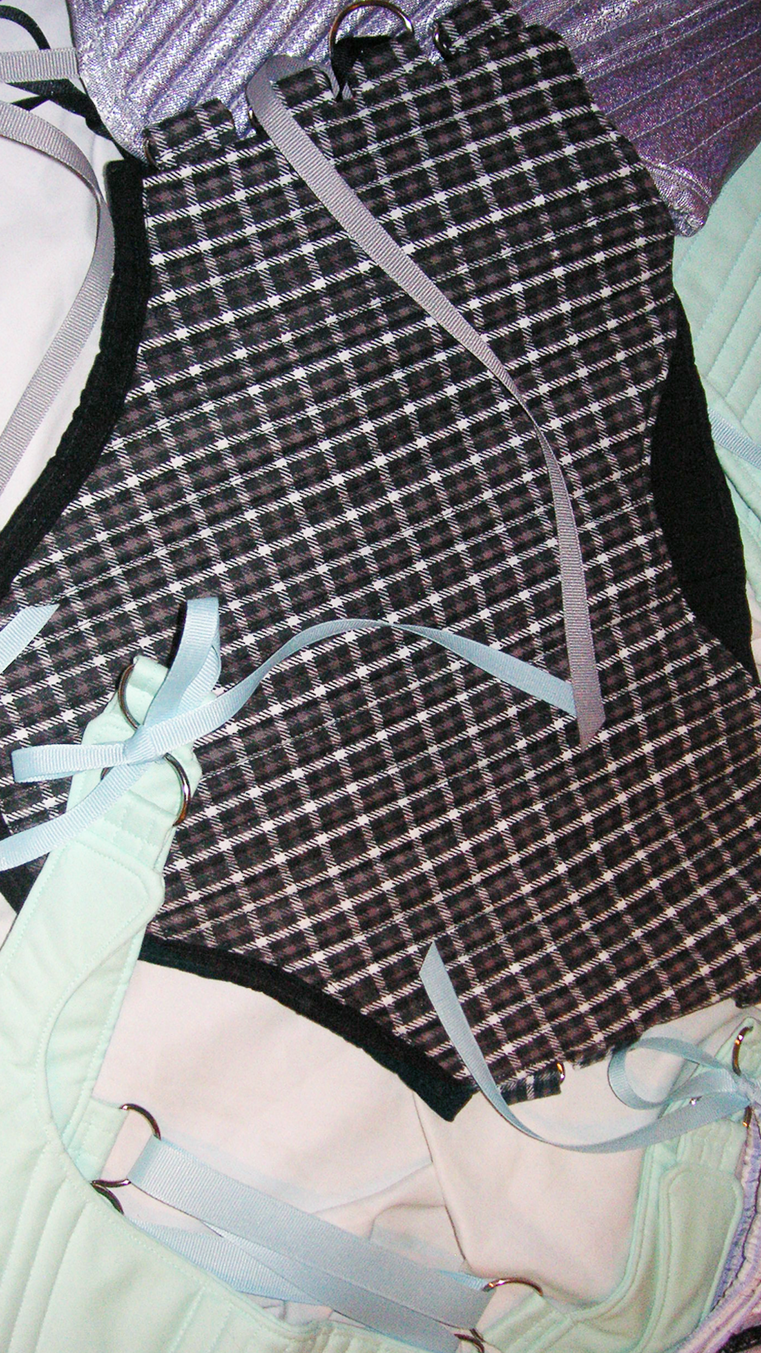 Meg Beck, Kathleen Los Angeles, Kathleen, Independent boutique, independent fashion, independent designer, handmade, one of a kind, upcycled, recycled fashion, sustainable fashion, underbust corset, corset, satin corset, half corset, houndstooth corset, corset top, bow corset, blue corset, regency stays, regency corset, half stays, 18th century corset