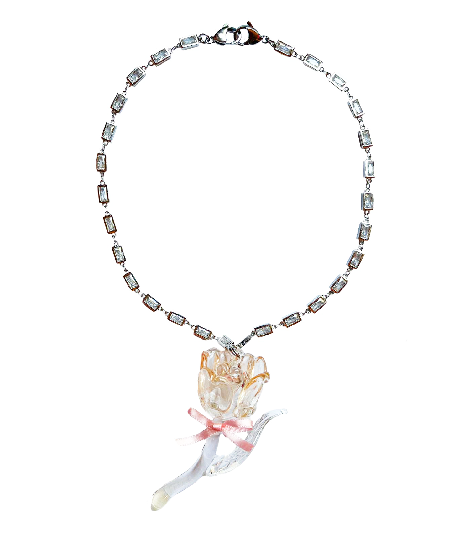 emma pryde, necklace, crystal chain necklace, metal links, rose, glass rose, handmade, rose necklace, statement necklace, Swarovski, Kathleen, Los Angeles