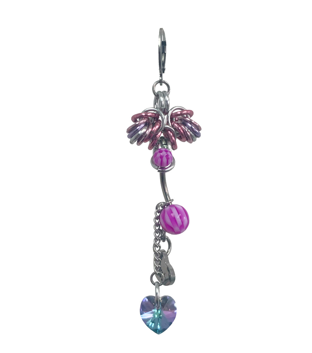 Closet children, earring, earrings, jewelry, made in Singapore, Singapore, handmade, one of a kind, stainless steel, anodized aluminum, titanium, Swarovski, crystal, gem, hoop, pink, purple, aurora lights, Los Angeles, shop Kathleen, Kathleen, rose lolly earring