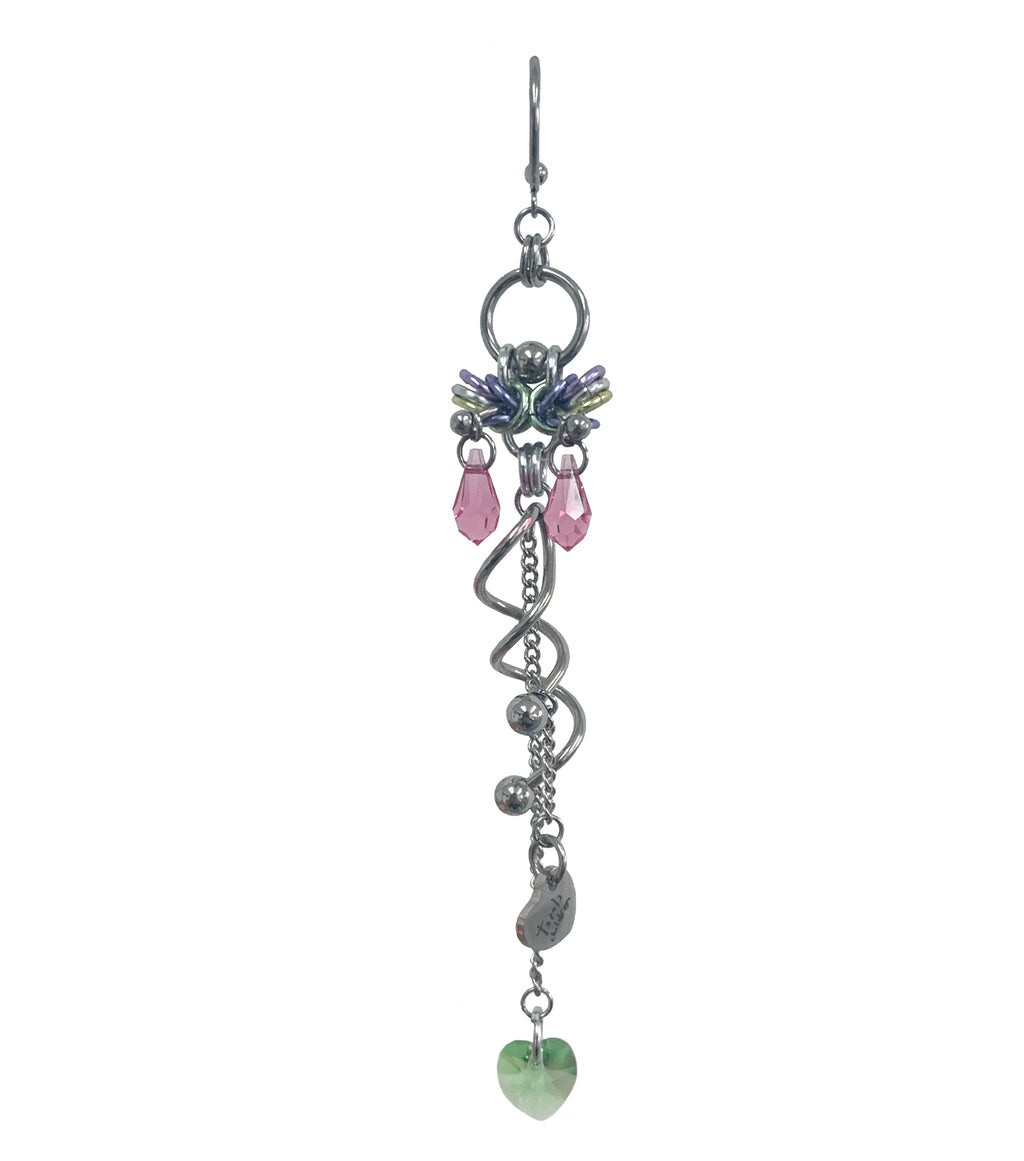 Closet children, earring, earrings, jewelry, made in Singapore, Singapore, handmade, one of a kind, stainless steel, anodized aluminum, titanium, Swarovski, crystal, gem, hoop, pink, purple, aurora lights, Los Angeles, shop Kathleen, Kathleen, seraphim visions II earring, seraphim visions