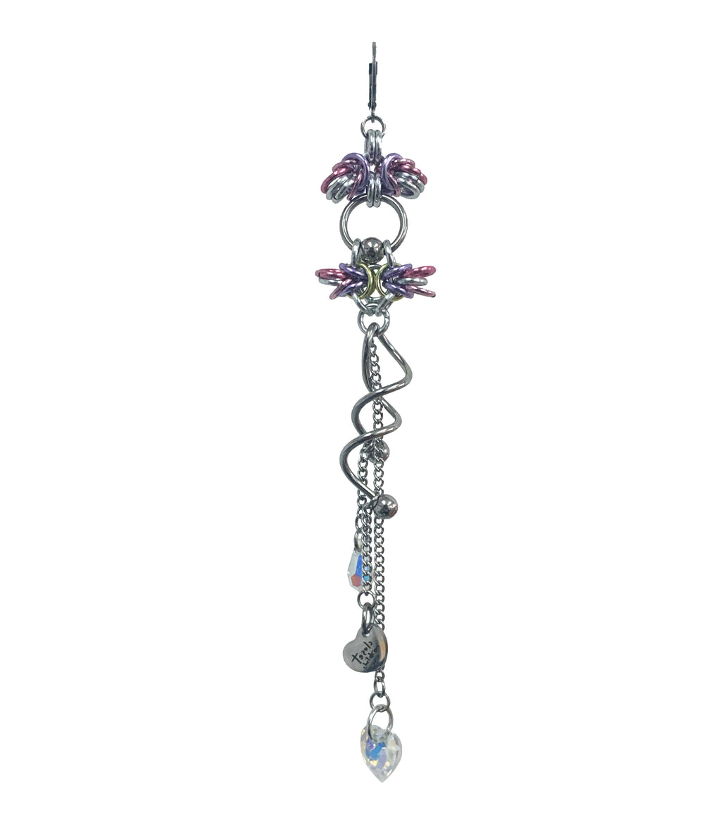 Closet children, earring, earrings, jewelry, made in Singapore, Singapore, handmade, one of a kind, stainless steel, anodized aluminum, titanium, Swarovski, crystal, gem, hoop, pink, purple, aurora lights, Los Angeles, shop Kathleen, Kathleen, seraphim visions I earring, seraphim visions