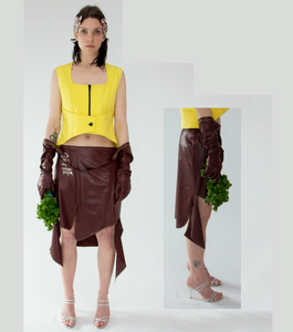 Cefie, Toronto, Vegan, Vegan leather, burgundy, mid rise, neon, asymmetrical, gloves, petal hem, rhinestone, skirt, bottom, transcend, transcend glove skirt, los angeles, Kathleen