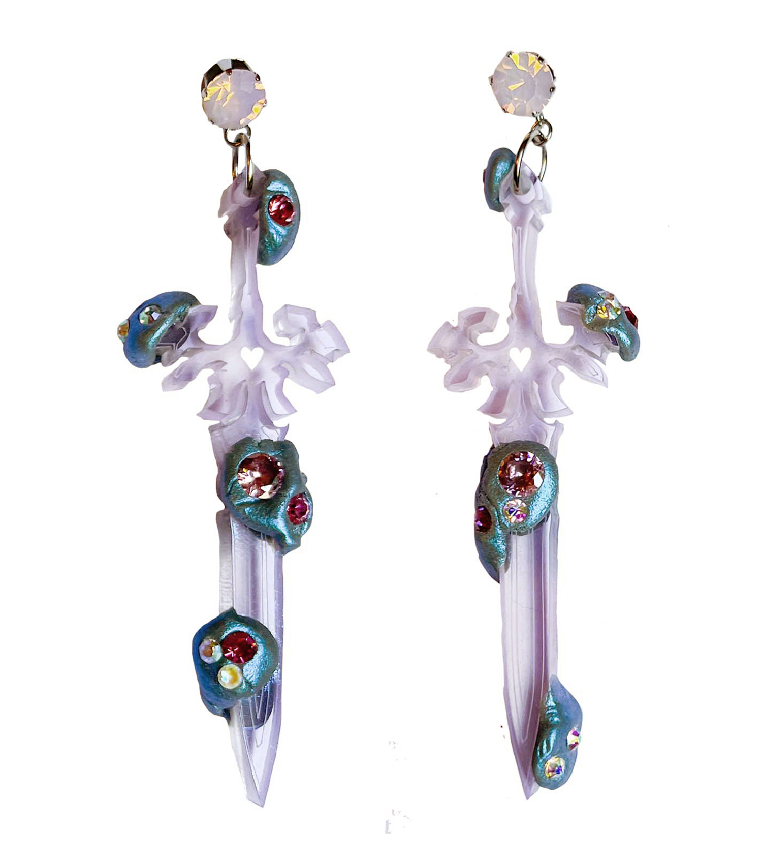earrings, emma pryde, Madison artist, handmade, dagger, sword, shop kathleen, kathleen, los angeles, handmade, crystal, lasercut, cz, Swarovski, kathleen los angeles, shop kathleen, kathleen la, crystal earrings, emma pryde earrings, emma pryde necklaces, jewel earrings, anime earrings, video game earrings, scimitar earrings, small business, hand cast resin earrings, glitter earrings