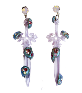 earrings, emma pryde, Madison artist, handmade, dagger, sword, shop kathleen, kathleen, los angeles, handmade, crystal, lasercut, cz, Swarovski, kathleen los angeles, shop kathleen, kathleen la, crystal earrings, emma pryde earrings, emma pryde necklaces, jewel earrings, anime earrings, video game earrings, scimitar earrings, small business, hand cast resin earrings, glitter earrings