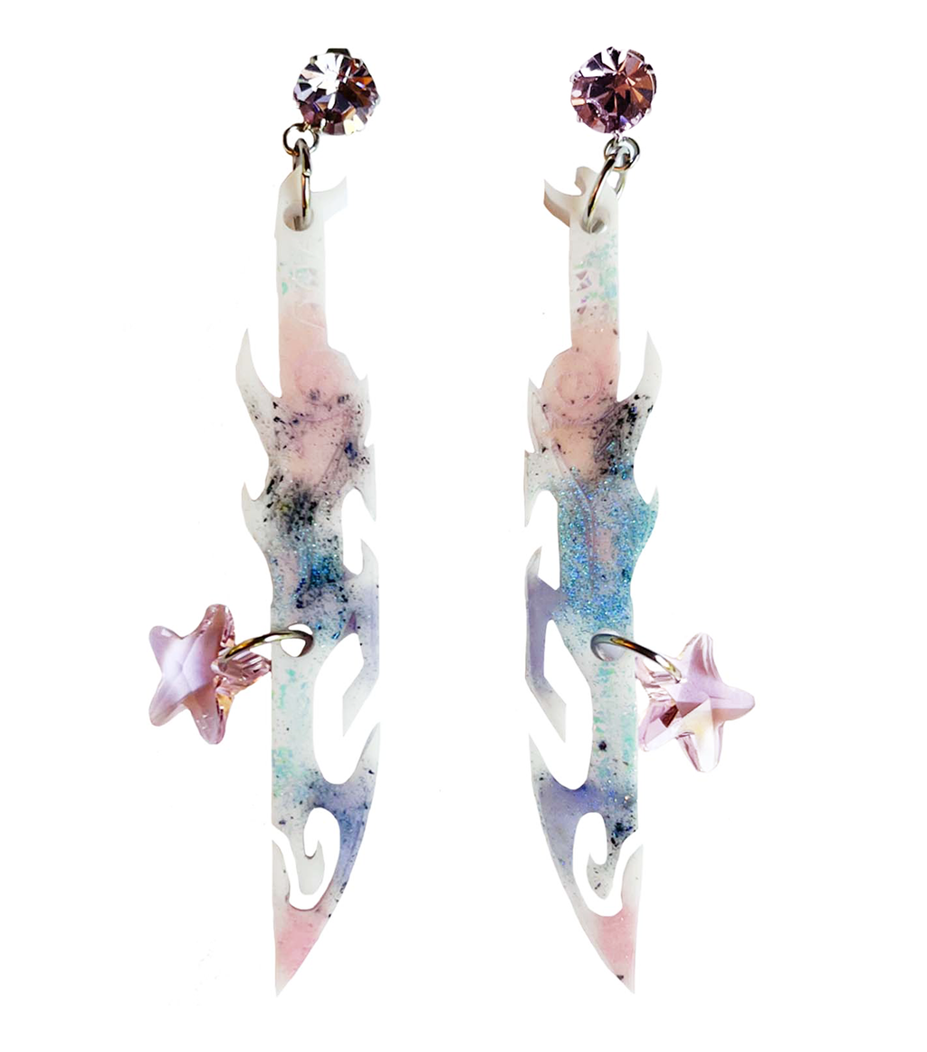 earrings, emma pryde, Madison artist, handmade, dagger, sword, shop kathleen, kathleen, los angeles, handmade, crystal, lasercut, cz, Swarovski, kathleen los angeles, shop kathleen, kathleen la, crystal earrings, emma pryde earrings, emma pryde necklaces, jewel earrings, anime earrings, video game earrings, scimitar earrings, small business, hand cast resin earrings, glitter earrings