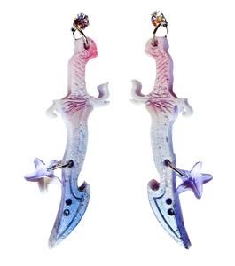 earrings, emma pryde, Madison artist, handmade, dagger, sword, shop kathleen, kathleen, los angeles, handmade, crystal, lasercut, cz, Swarovski, kathleen los angeles, shop kathleen, kathleen la, crystal earrings, emma pryde earrings, emma pryde necklaces, jewel earrings, anime earrings, video game earrings, scimitar earrings, small business, hand cast resin earrings, glitter earrings