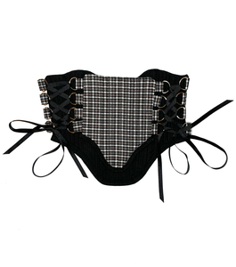 Meg Beck, Kathleen Los Angeles, Kathleen, Independent boutique, independent fashion, independent designer, handmade, one of a kind, upcycled, recycled fashion, sustainable fashion, underbust corset, corset, satin corset, half corset, houndstooth corset, corset top, bow corset, blue corset, regency stays, regency corset, half stays, 18th century corset