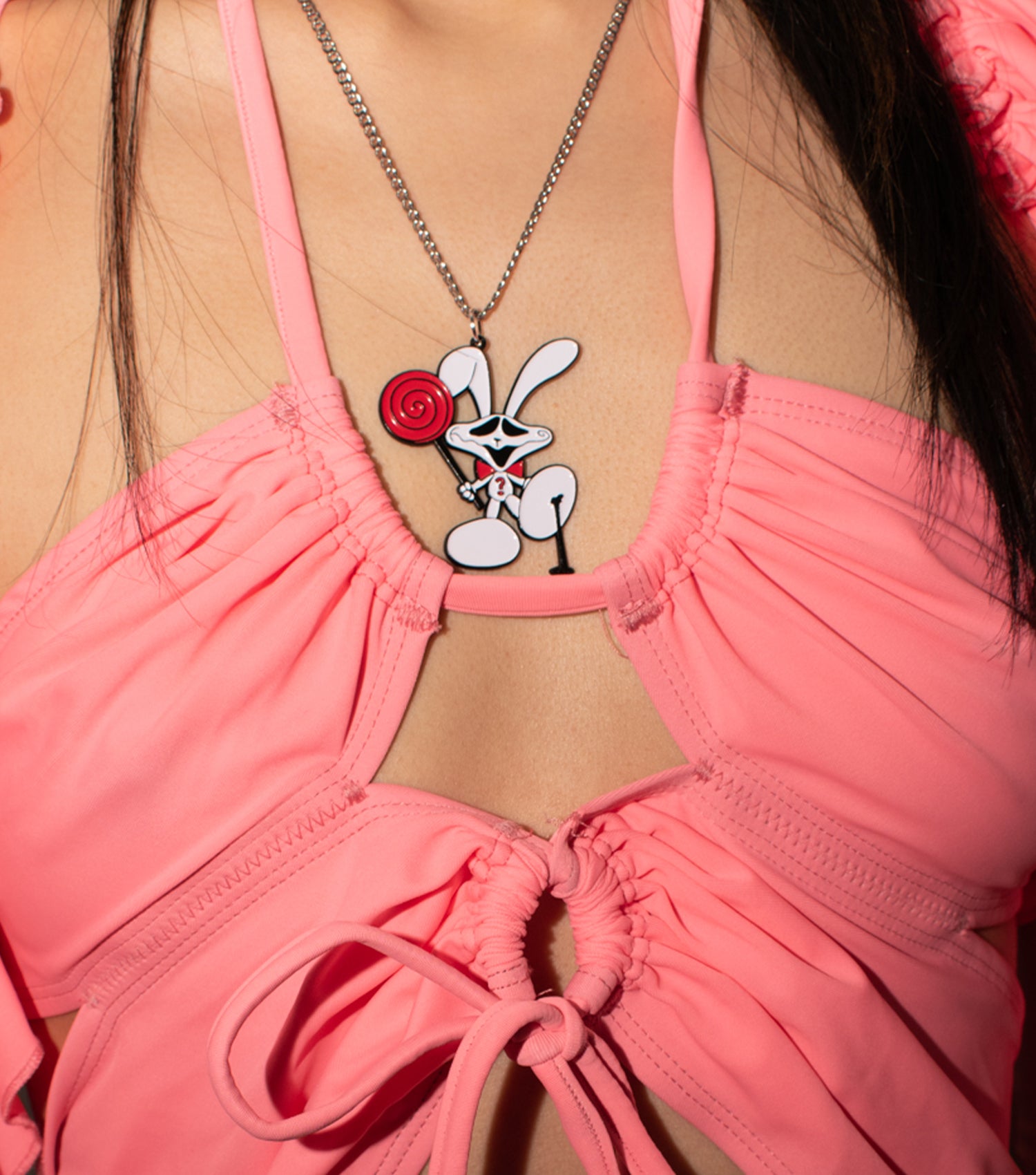 bunny, comic, emo, creepy bunny, necklace, tobangus, coco paluck, scene, candy bunny, cartoon bunny, rubber necklace, 90s necklace, kathleen, shop kathleen, independent artist, independent designer, curb chain