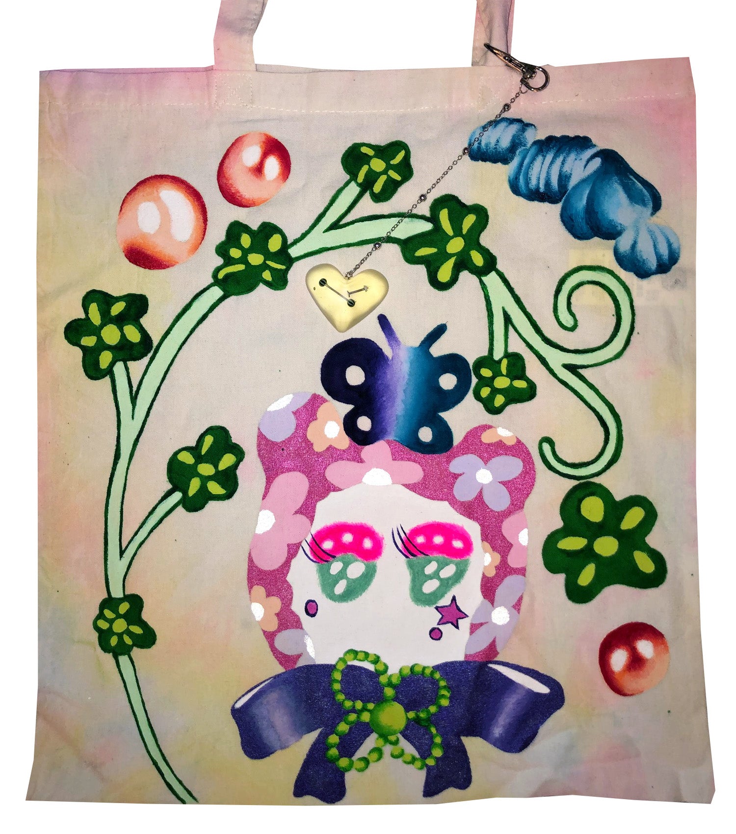 Ema Gaspar, Ema G B, hand painted tote, one of a kind, independent artist, independent designer, resin keychain, heart keychain, kathleen, kathleen los angeles, shop kathleen, independent boutique, indie boutique, tote bag, cotton tote, cartoon tote, pierced keychain, tie dye tote, hand dyed