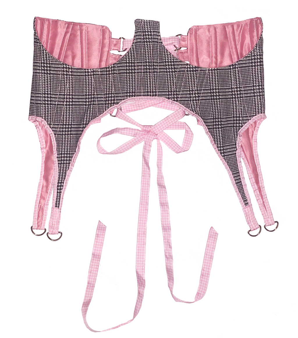 Meg Beck, Kathleen Los Angeles, Kathleen, Independent boutique, independent fashion, independent designer, handmade, one of a kind, upcycled, recycled fashioon, sustainable fashion, underbust corset, corset, sation corset, half corset, houndstooth corset, corset top, bow corset, pink corset, regency stays, regency corset, half stays, pink stays, 18th century corset, undercuts, houndstooth undercuts
