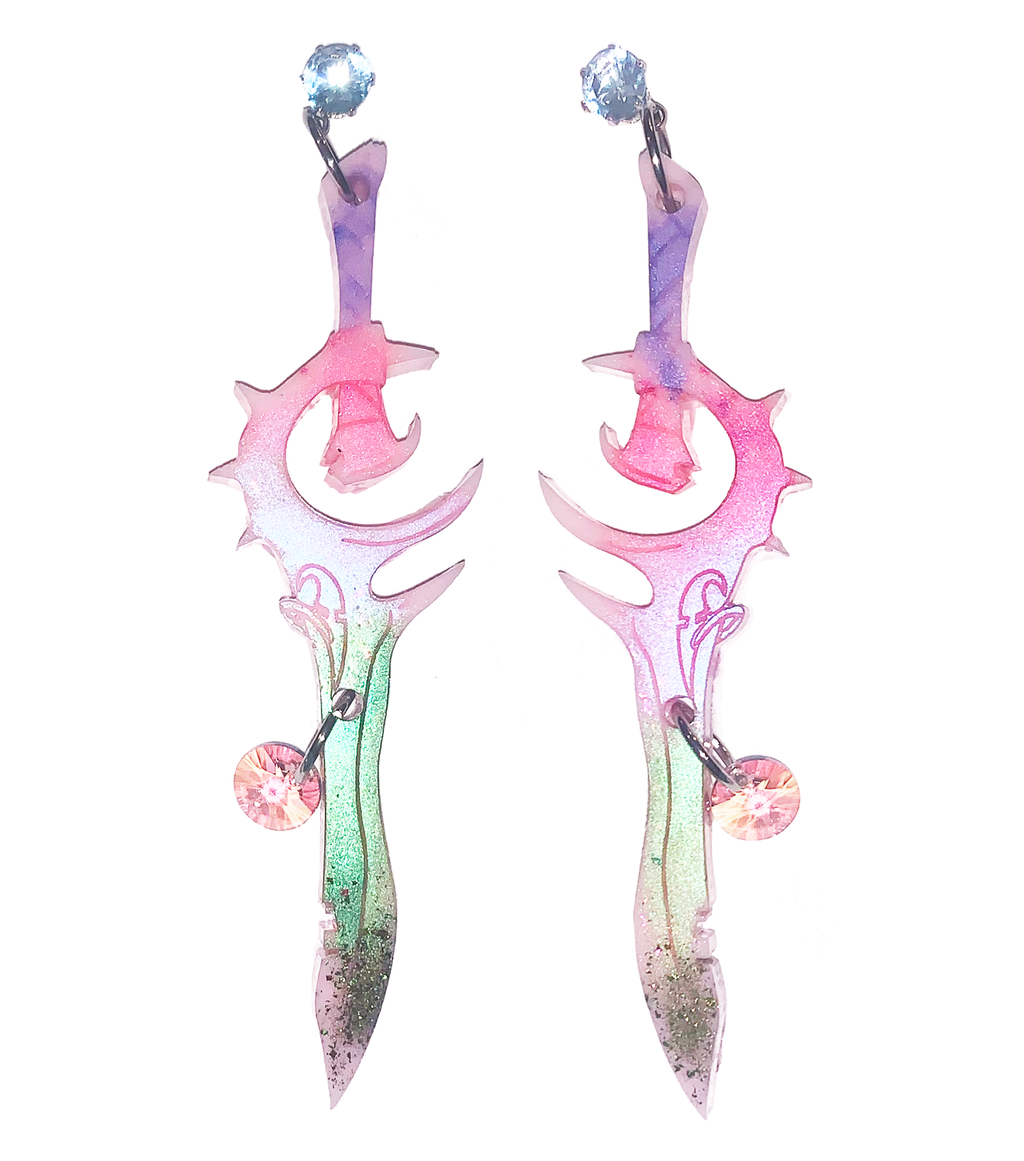 earrings, emma pryde, Madison artist, handmade, dagger, sword, shop kathleen, kathleen, los angeles, handmade, crystal, lasercut, cz, Swarovski, kathleen los angeles, shop kathleen, kathleen la, crystal earrings, emma pryde earrings, emma pryde necklaces, jewel earrings, anime earrings, video game earrings, scimitar earrings, small business, hand cast resin earrings, glitter earrings