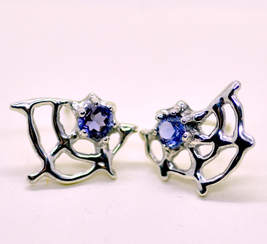 Loneru, Lonerü, sterling silver stud, spider web stud, vermont jewelry, sterling silver stud, iolite gemstone, kathleen, kathleen los angeles, independent boutique,  independent artist, independent designer, handmade jewelry, los angeles boutique, spider earring, cobweb earring