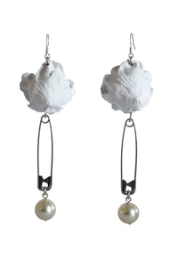 Painted Rose and Pearl Earrings - White Safety Pin