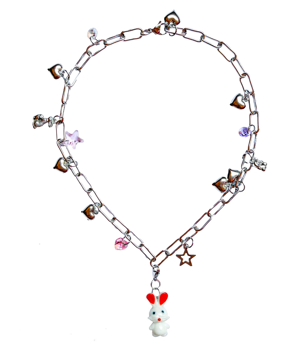 emma pryde, necklace, metal chain necklace, metal links, bunny, resin bunny, charms, charm necklace, stars, hearts, crystals, Swarovski, Kathleen, Los Angeles, wonderland, alice necklace, gothic lolita