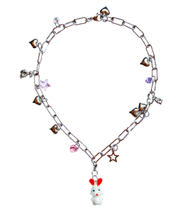 emma pryde, necklace, metal chain necklace, metal links, bunny, resin bunny, charms, charm necklace, stars, hearts, crystals, Swarovski, Kathleen, Los Angeles, wonderland, alice necklace, gothic lolita