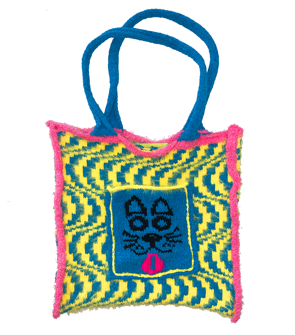 Kathleen, kathleen los angeles, independent fashion, independent artist, independent designer, los angeles fashion, small business, handmade, handknit, knit machine, puppy tote, dog tote, fuzzy tote, crochet, embroidery, psychedelic print, square tote, stretch tote, animal tote, jessica stahl, stahl knit, one of a kind, one of a kind knit tote, yellow tote, pink tote, blue tote, furry tote