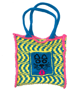 Kathleen, kathleen los angeles, independent fashion, independent artist, independent designer, los angeles fashion, small business, handmade, handknit, knit machine, puppy tote, dog tote, fuzzy tote, crochet, embroidery, psychedelic print, square tote, stretch tote, animal tote, jessica stahl, stahl knit, one of a kind, one of a kind knit tote, yellow tote, pink tote, blue tote, furry tote