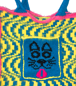 Kathleen, kathleen los angeles, independent fashion, independent artist, independent designer, los angeles fashion, small business, handmade, handknit, knit machine, puppy tote, dog tote, fuzzy tote, crochet, embroidery, psychedelic print, square tote, stretch tote, animal tote, jessica stahl, stahl knit, one of a kind, one of a kind knit tote, yellow tote, pink tote, blue tote, furry tote