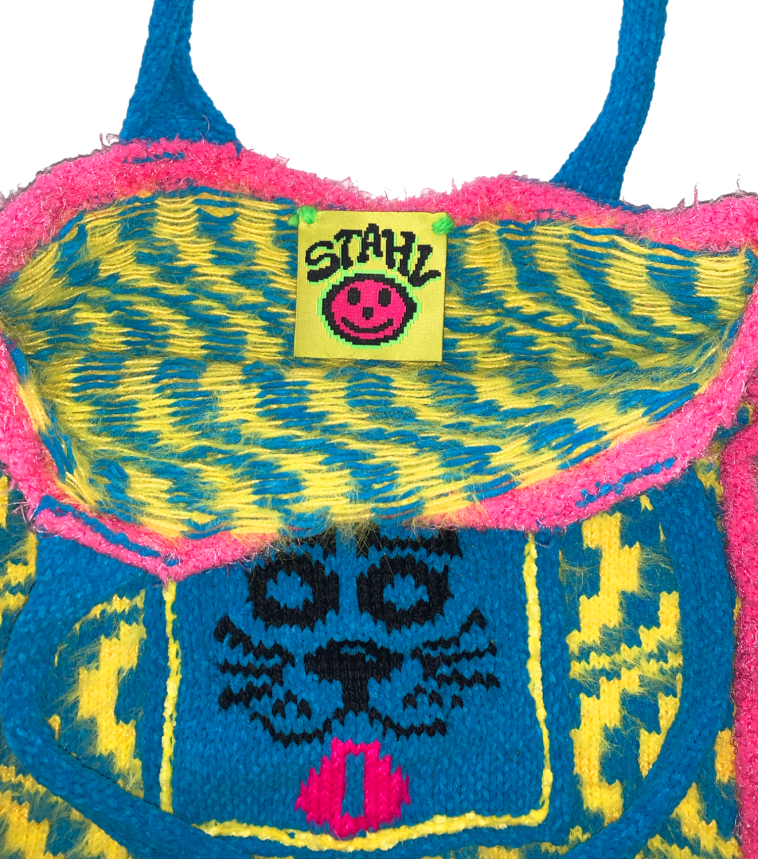 Kathleen, kathleen los angeles, independent fashion, independent artist, independent designer, los angeles fashion, small business, handmade, handknit, knit machine, puppy tote, dog tote, fuzzy tote, crochet, embroidery, psychedelic print, square tote, stretch tote, animal tote, jessica stahl, stahl knit, one of a kind, one of a kind knit tote, yellow tote, pink tote, blue tote, furry tote