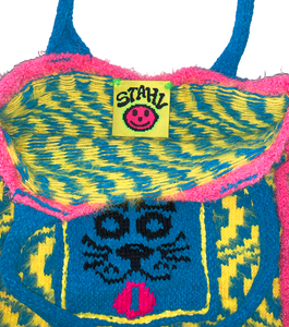Kathleen, kathleen los angeles, independent fashion, independent artist, independent designer, los angeles fashion, small business, handmade, handknit, knit machine, puppy tote, dog tote, fuzzy tote, crochet, embroidery, psychedelic print, square tote, stretch tote, animal tote, jessica stahl, stahl knit, one of a kind, one of a kind knit tote, yellow tote, pink tote, blue tote, furry tote