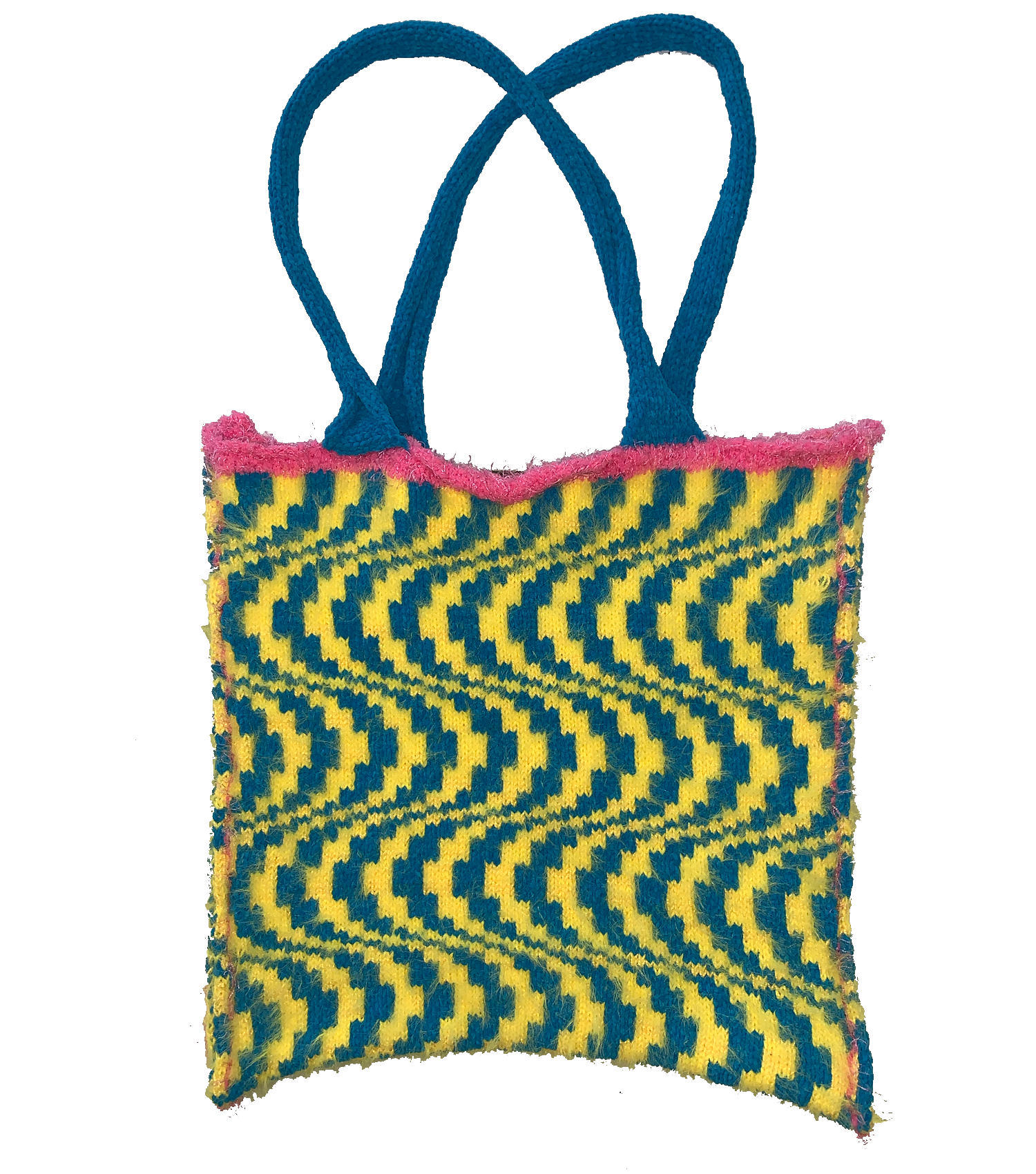 Kathleen, kathleen los angeles, independent fashion, independent artist, independent designer, los angeles fashion, small business, handmade, handknit, knit machine, puppy tote, dog tote, fuzzy tote, crochet, embroidery, psychedelic print, square tote, stretch tote, animal tote, jessica stahl, stahl knit, one of a kind, one of a kind knit tote, yellow tote, pink tote, blue tote, furry tote