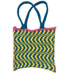 Kathleen, kathleen los angeles, independent fashion, independent artist, independent designer, los angeles fashion, small business, handmade, handknit, knit machine, puppy tote, dog tote, fuzzy tote, crochet, embroidery, psychedelic print, square tote, stretch tote, animal tote, jessica stahl, stahl knit, one of a kind, one of a kind knit tote, yellow tote, pink tote, blue tote, furry tote