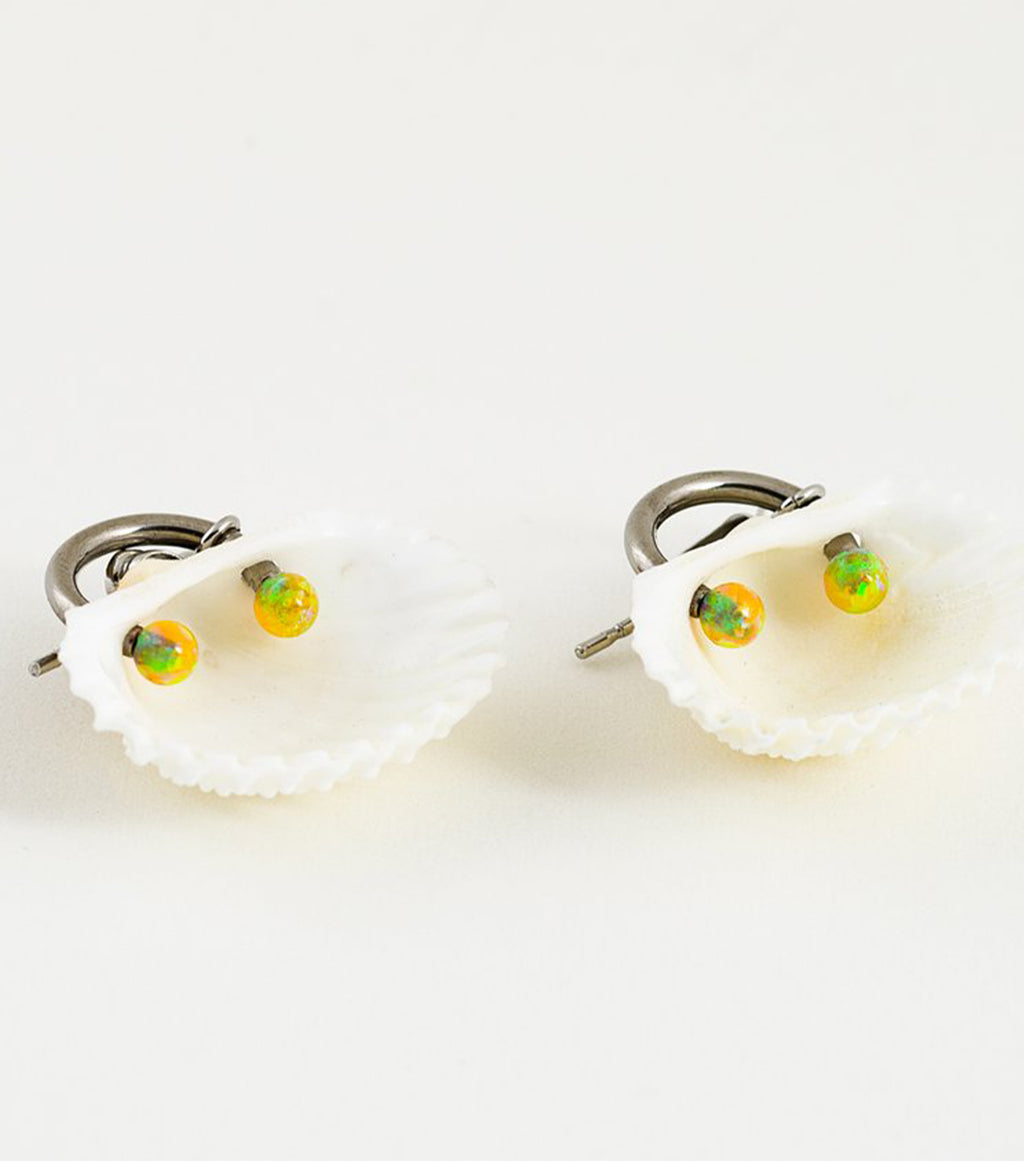 soft blonde, ark, ark earrings, pierced, hoops, shell, yellow opal, opal, barbell, shell earrings, baltimore, handmade, maryland, los angeles, kathleen