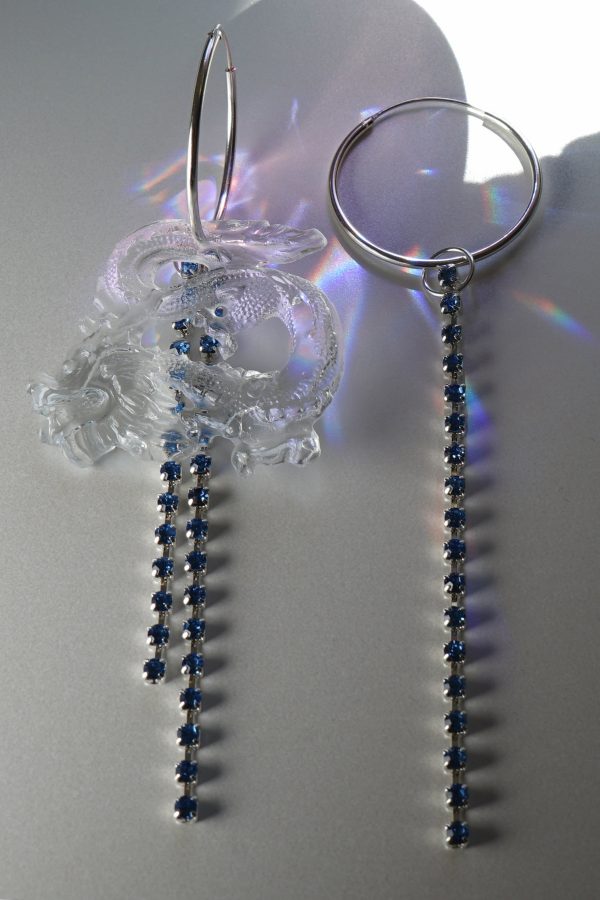 Hoop Earrings, crystal earrings, Fanny Inserra, Upcylced, recycled jewelry, chain earrings, pierced earrings, plexiglass, Kathleen, Kathleen Los Angeles, los angeles boutique, independent artist, independent designer, sustainable fashion, sustainable jewelry, dragon earrings, resin earrings